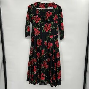 Hell Bunny Vixen Womens 3/4 Sleeve Rockabilly Red Rose Floral Dress Sz L Pinup